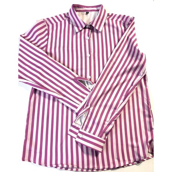 Womens Pink & White Striped Button-Up Long Sleeve Shirt-M - Picture 1 of 5